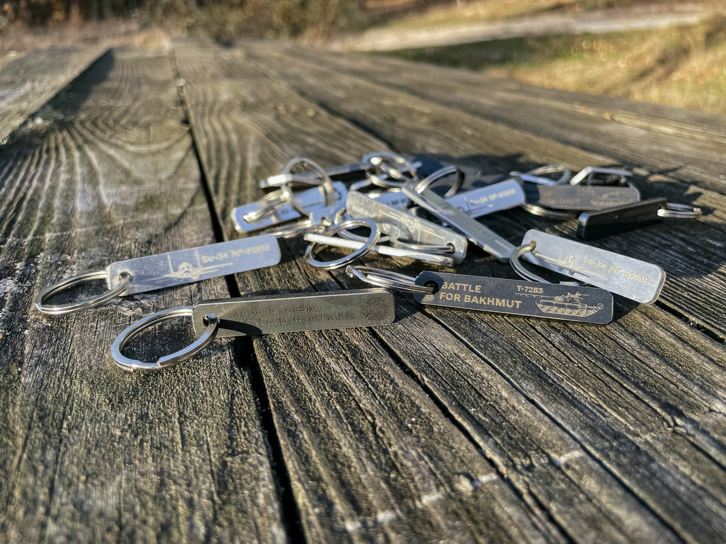 Keychain made from a piece of a damaged russian T-72 tank