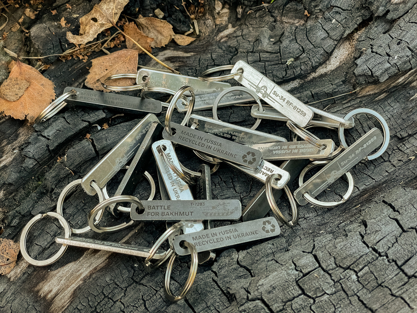 Keychain made from a piece of a damaged russian T-72 tank